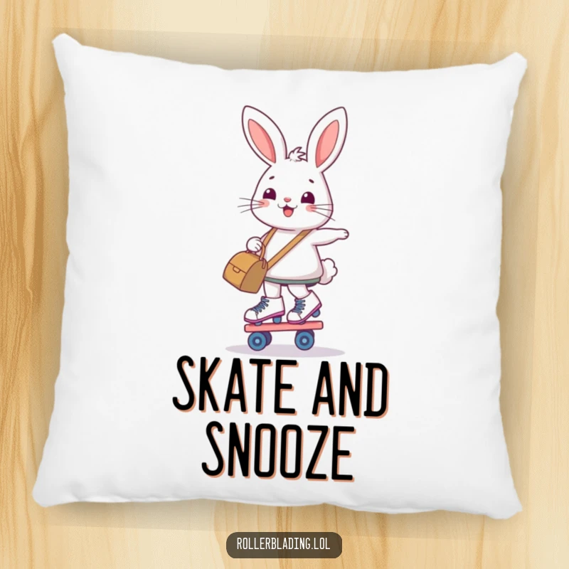 Funny pillow with a determined, smiling bunny balancing on roller skates and holding a bag, cozy comfort.