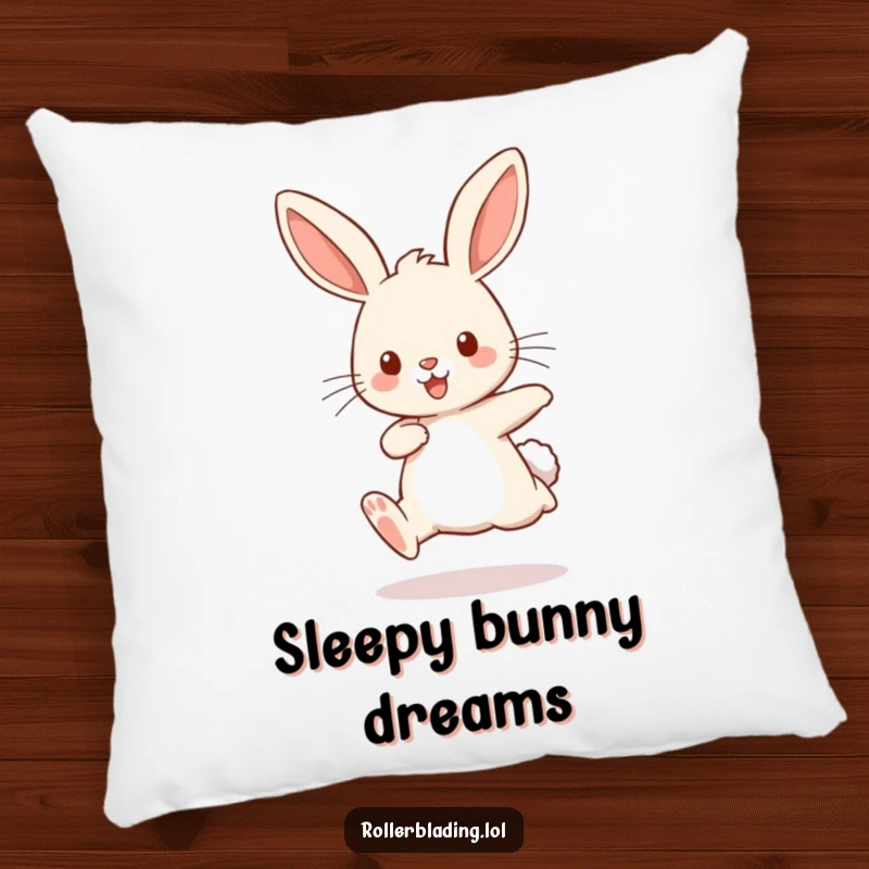 Funny pillow with a playful rabbit comically bouncing with pumping legs, offering comfort and a touch of athletic charm.
