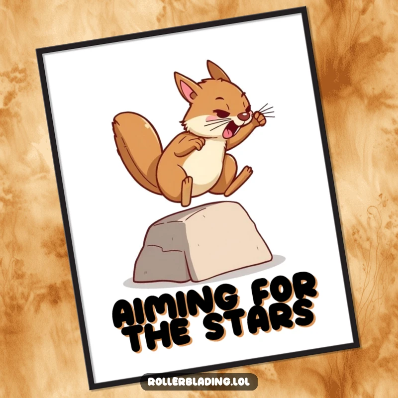 Funny digital art print of a determined squirrel jumping over a ramp, perfect for adding a splash of motivational and humorous art to any room.