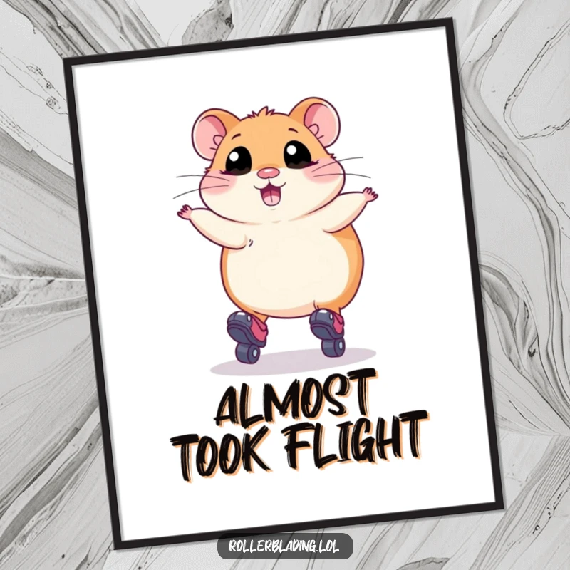 Funny Digital Art Print: A plump hamster with wide eyes roller skating and attempting a jump, perfect for adding hilarious charm.
