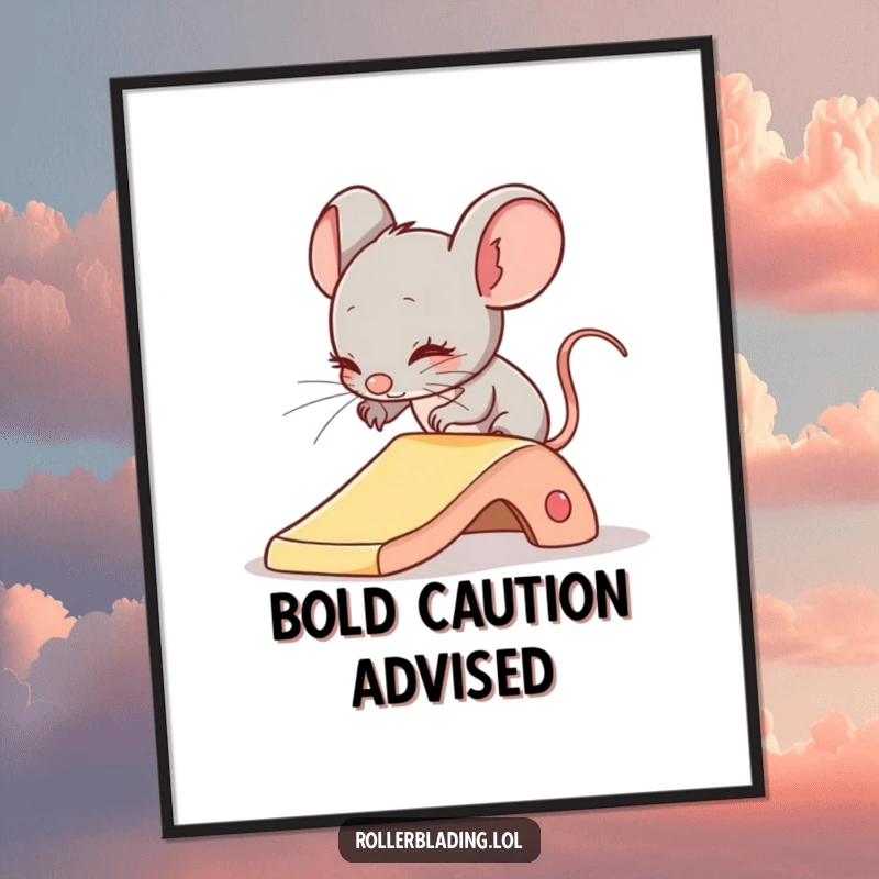 Funny digital art print of a shy mouse comically attempting a gentle slide, ready to add subtle humor to any room.