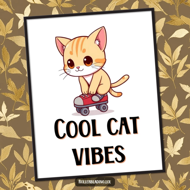 Funny digital art print of a curious cat leaning forward, balancing skillfully on roller skates with a whimsical charm.
