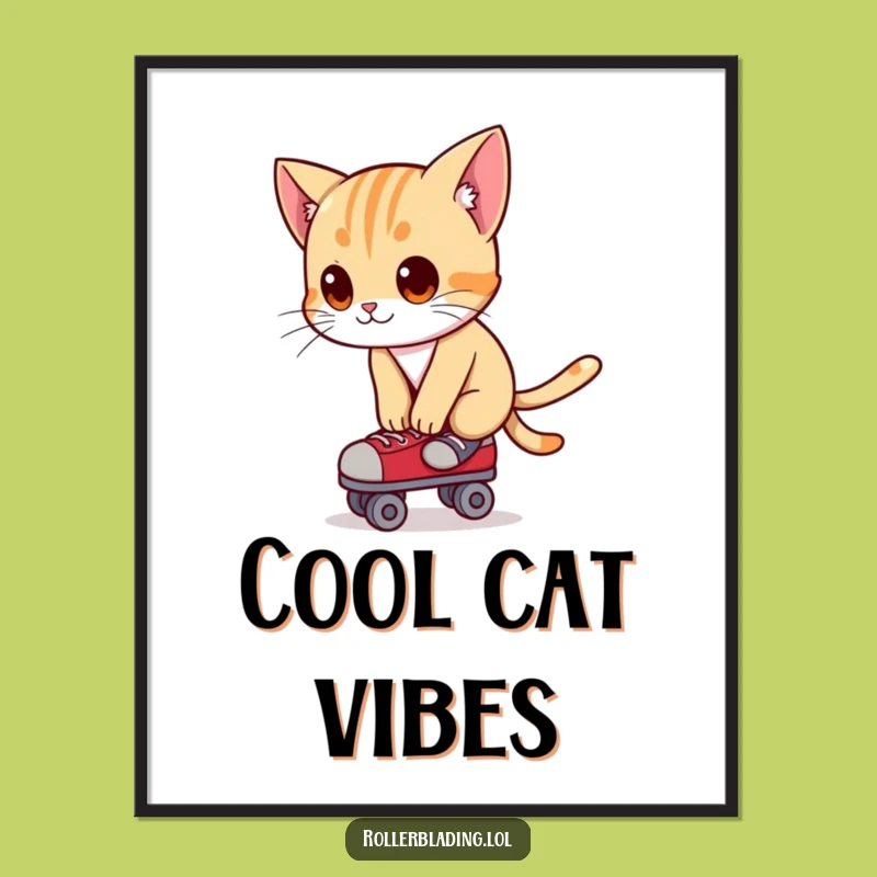 Funny Cat Roller Skating Digital Art Print - Curious Balance Decor