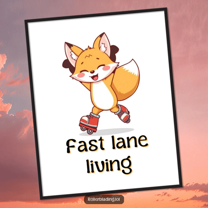 Funny digital art print of a joyful fox spinning with arms up on roller skates, captured in a moment of pure bliss.
