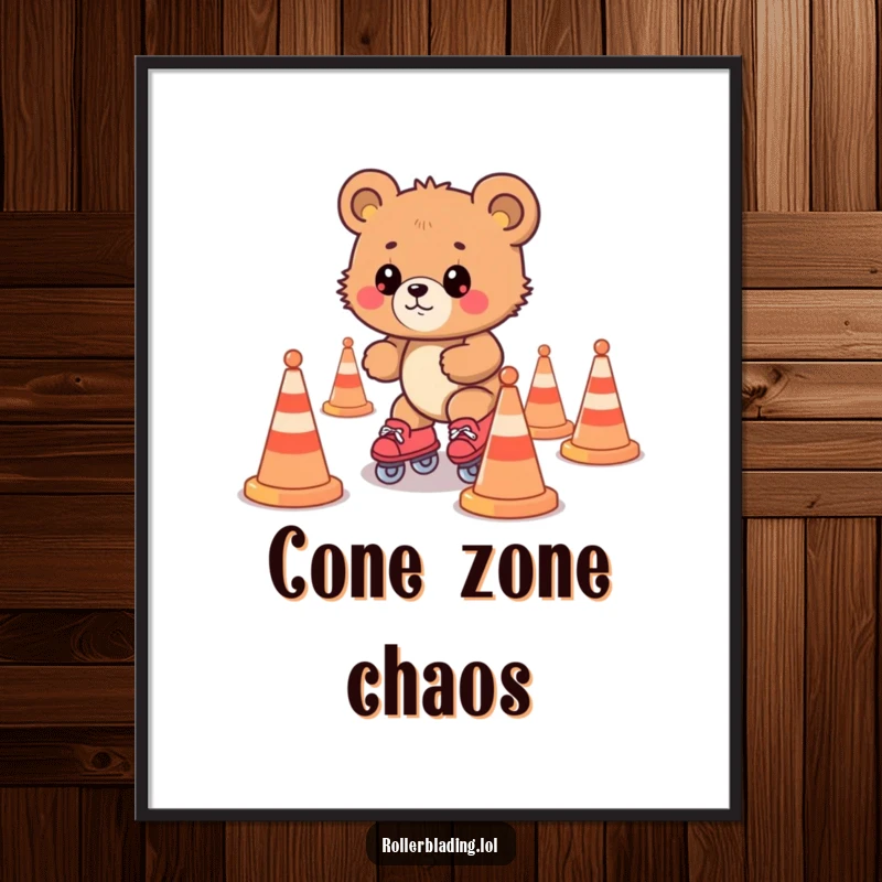 Funny bear cub roller skating through cones, a humorous digital art print for immediate wall decor.