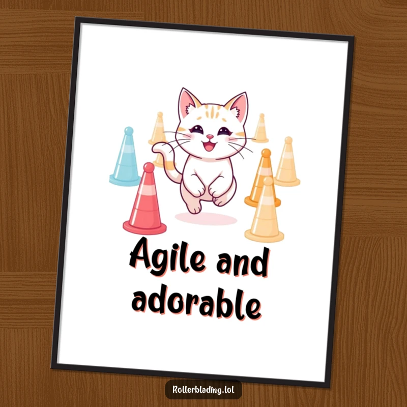 Funny smiling cat executing agility maneuvers, beautifully rendered as printable digital art, a great funny gift.