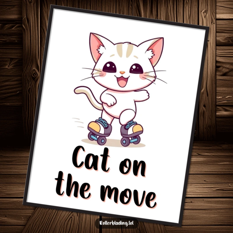 Funny digital art print of a happy cat wearing roller skates, ears dramatically windblown as it zooms along, full of exhilarating speed.