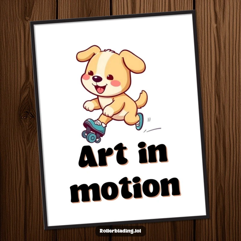 Funny dog digital art print of a smiling dog performing a graceful glide on roller skates, perfect for adding humor to home decor.
