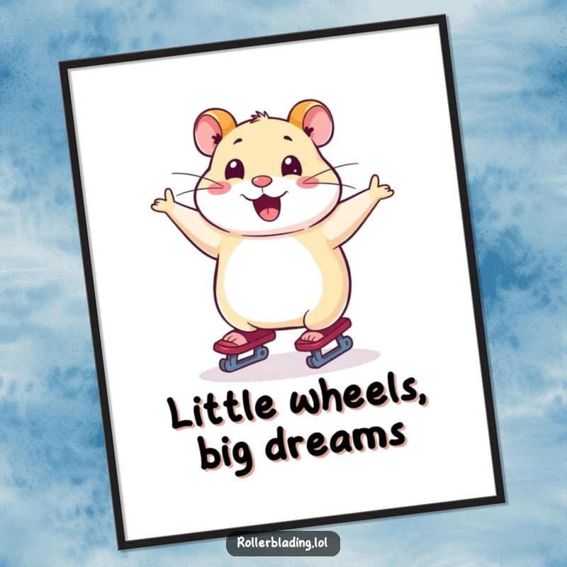 Funny digital art print capturing a smiling hamster skating gracefully with arms wide, radiating pure joy.