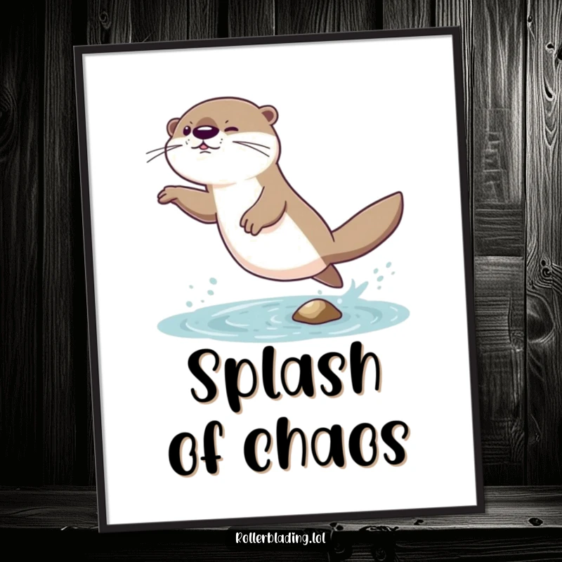 Funny digital art print of a giggling otter comically attempting a daring jump and landing with a wobble, ready for playful decor.