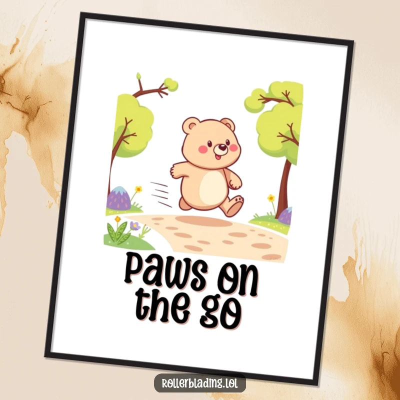 Funny digital art print of a triumphant bear in mid-stride, conveying speed, pride, and infectious humor for immediate display.