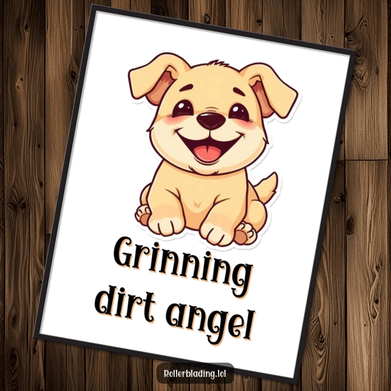 Funny pup digital art print of a delighted dog rolling with a big grin, perfect for instant decor.