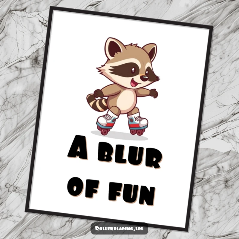 Funny digital art print of a mischievous raccoon spinning on roller skates with a grin. Humorous decor.