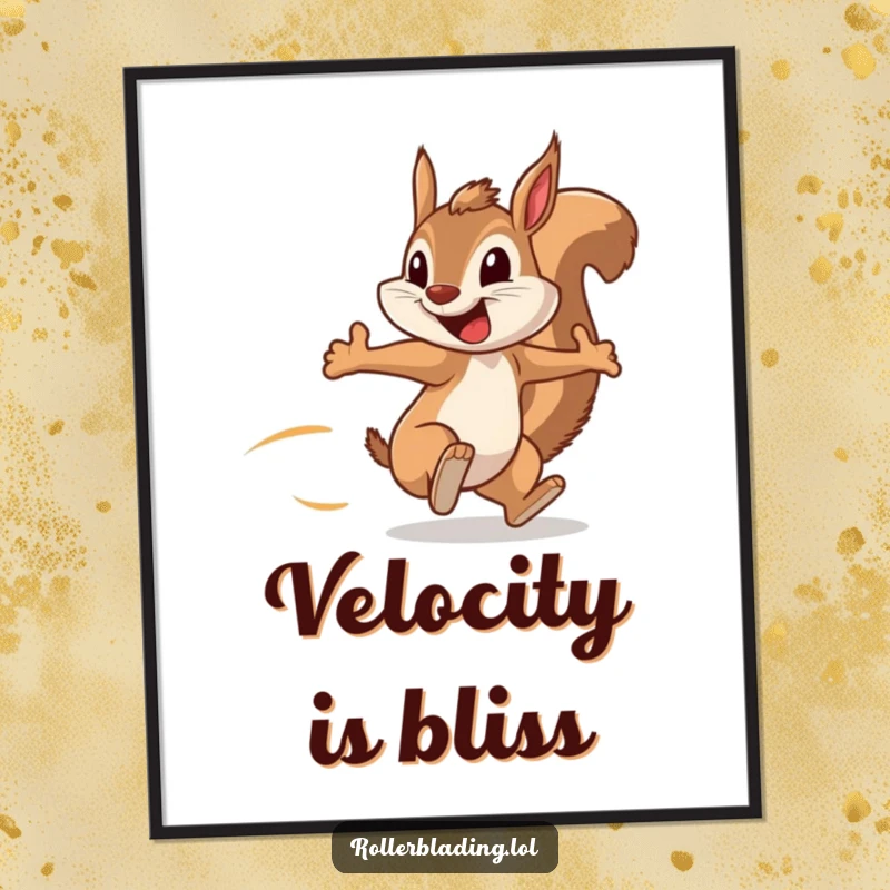 Funny digital art print of a squirrel speeding along, arms pumping with a big grin, capturing hilarious energy.