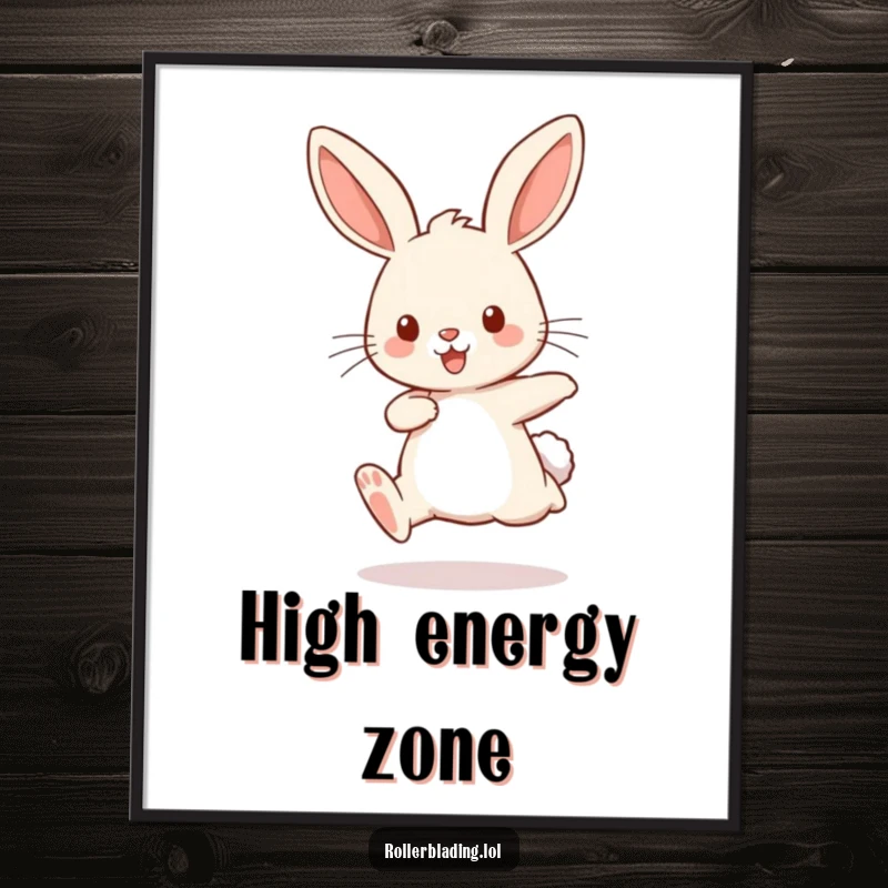 Funny digital art print of a playful rabbit comically bouncing with pumping legs, ready to add energetic humor to any room.
