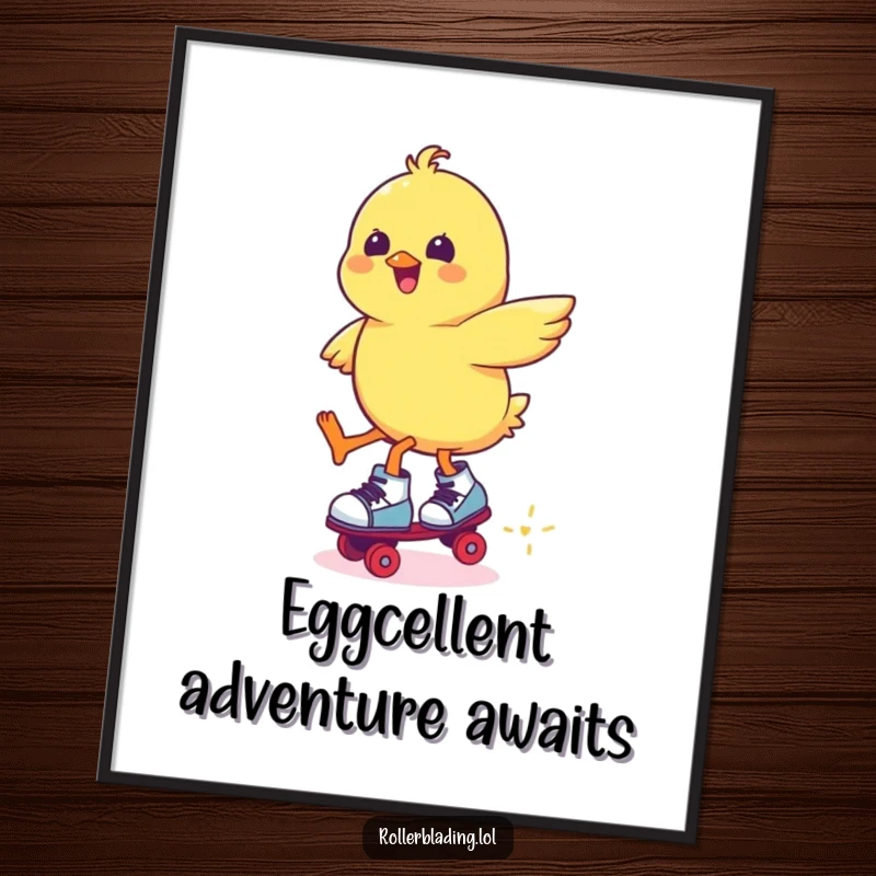 Funny chick on roller skates, mid-jump, digital download art, vibrant and cheerful illustration.