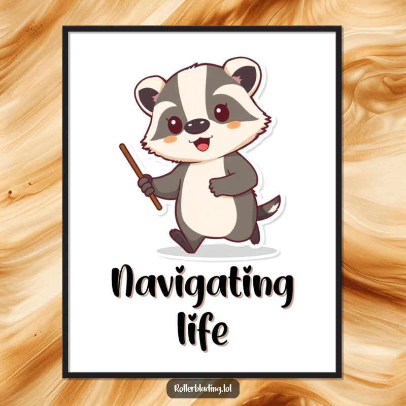 Funny digital art of a proud badger cruising with a stick, ready to bring humor to your screens.