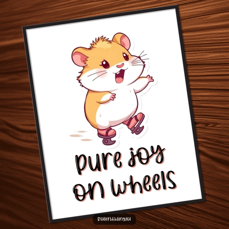 Funny digital art print of a hamster on tiny skates, zooming forward with delight, capturing hilarious joy.