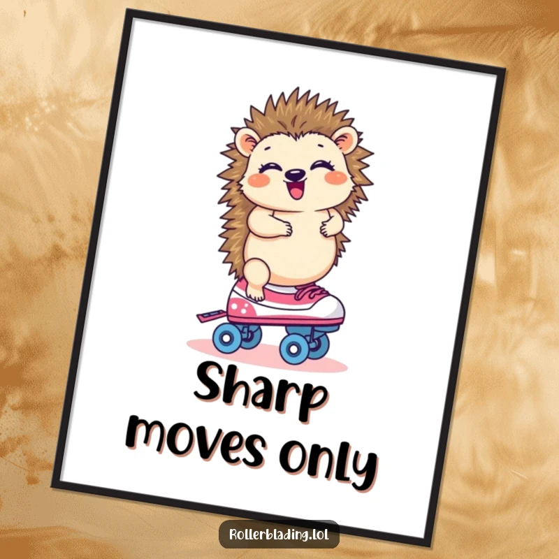 Funny hedgehog giggling on one roller skate, digital art print for instant home decor.