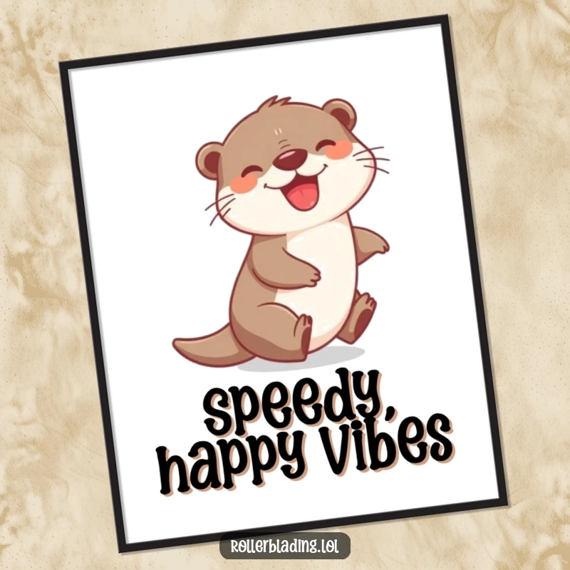 Funny digital art print of a joyful otter zipping with a grin, perfect for adding a splash of cheerful, happy, and playful art to any room.