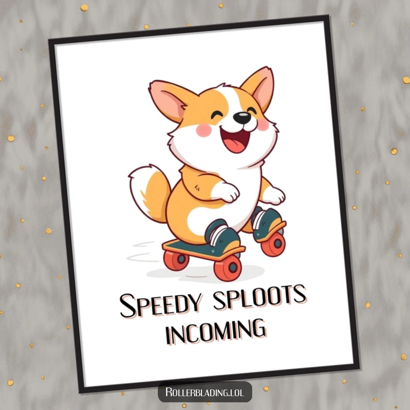 Funny Corgi Digital Art Print: A joyful corgi roller skating, radiating energetic fun and happiness, perfect for instant, cheerful home decor.
