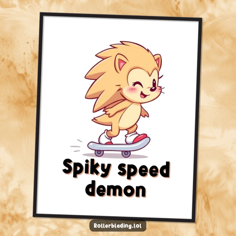 Funny hedgehog skater digital art print of a happy hedgehog skating backward, instant humorous sports wall decor.