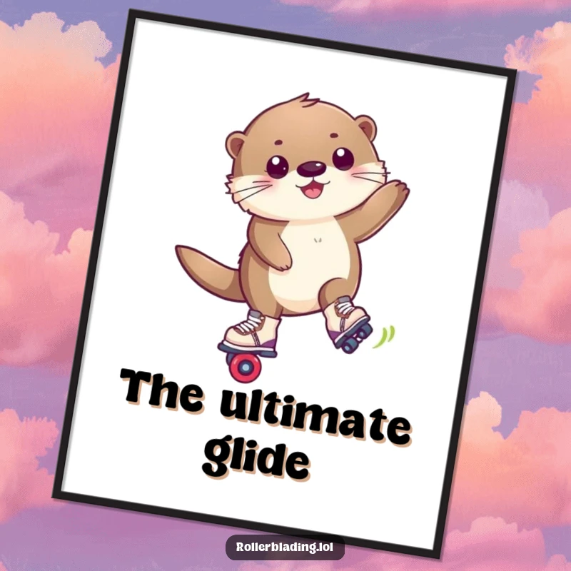 Funny digital art print of a happy, fluffy otter executing a trick maneuver on roller blades, vibrant and fun.