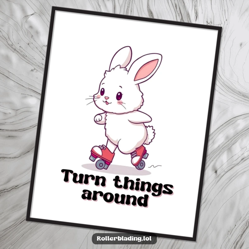 Funny fluffy bunny attempting a wobbly turn on roller skates, digital art print for cute decor.