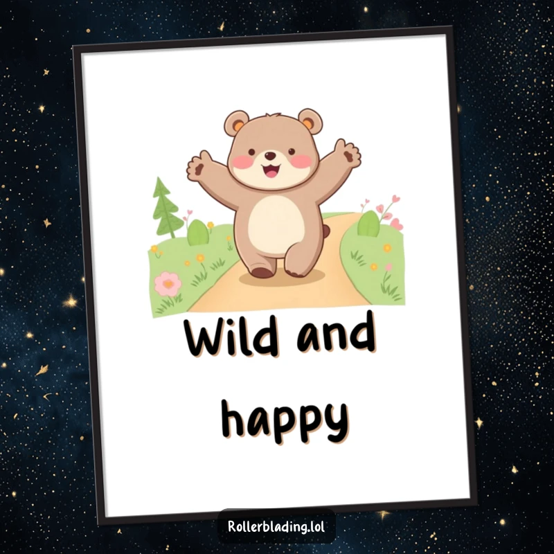Funny happy bear digital art print, featuring a bear cruising along a path with arms wide open, celebrating freedom and joy.