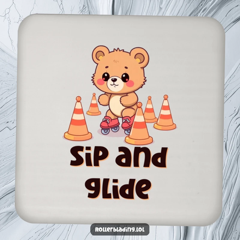 Funny bear cub roller skating around cones, a humorous and protective drink coaster set.