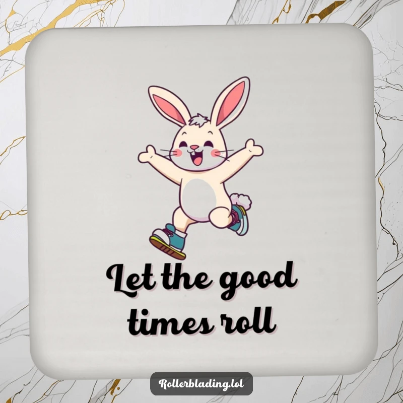 Funny bunny coaster showcasing a cheerful bunny mid-jump on roller skates, protecting surfaces with cuteness and fun.
