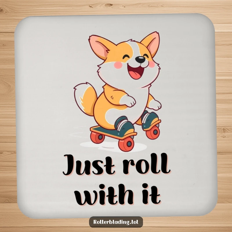 Funny Corgi Coaster: A corgi roller skating with infectious joy, capturing energetic movement and a happy spirit for a unique drink accessory.