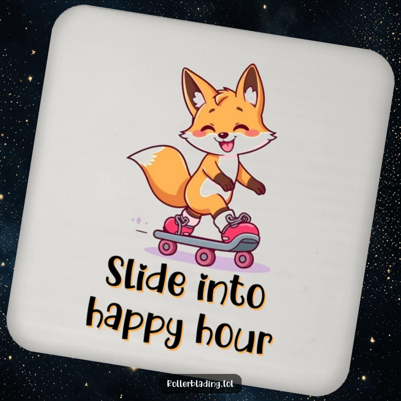 Funny Fox Coaster: A smiling fox performs a dramatic roller skate slide, one leg extended, adding humorous and smooth charm to your surfaces.