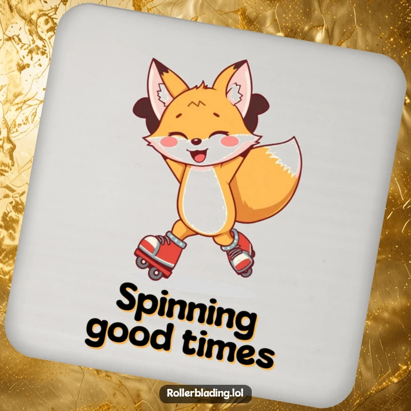 Funny drink coaster featuring a joyful fox spinning on roller blades, arms up in a triumphant pose.