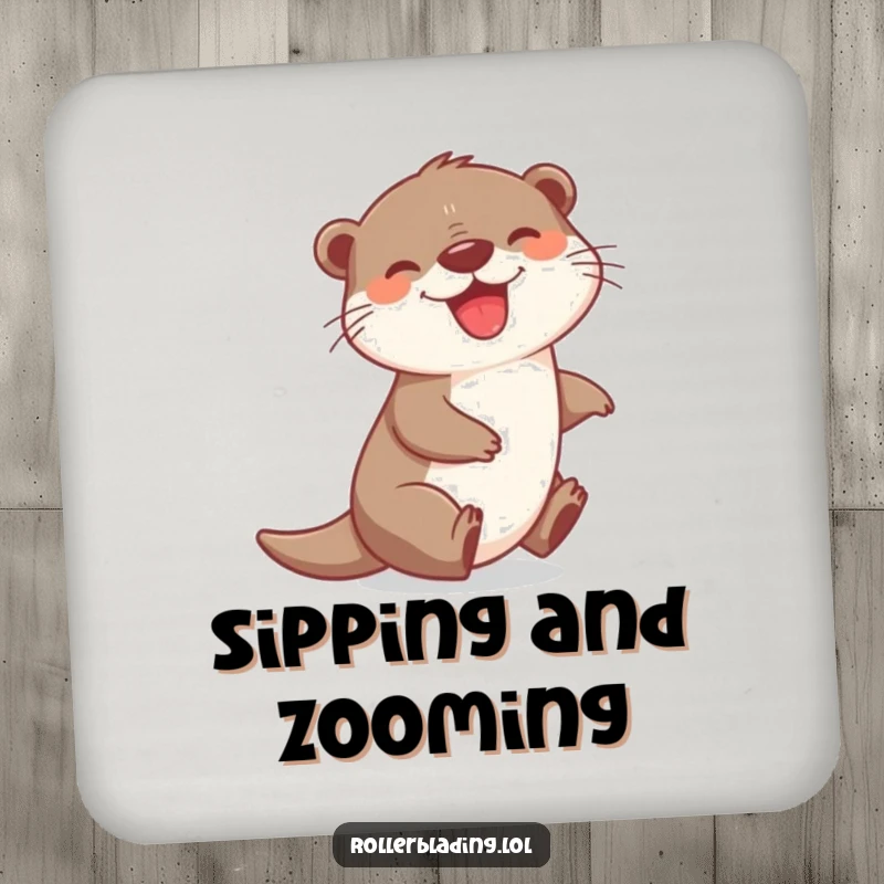 Funny drink coaster with a joyful otter zipping with a grin, protecting surfaces with a splash of cheerful, happy charm.
