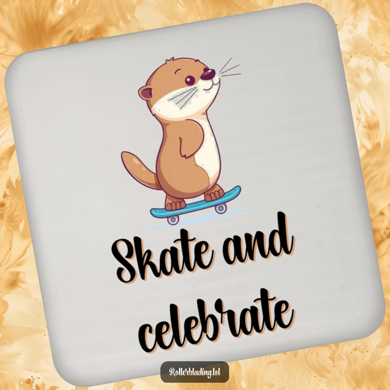 Funny otter skating coasters, a giggling animal skating backwards with a proud look, protecting surfaces with playful flair and confidence.