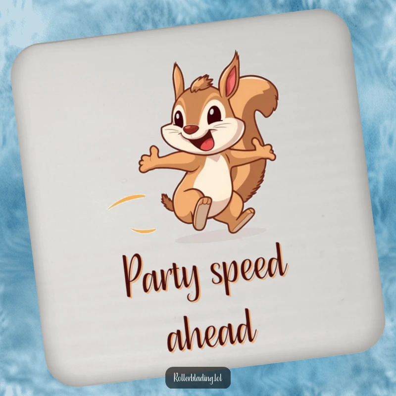 Funny drink coasters with a squirrel speeding along, arms pumping, and a huge grin, providing humorous surface protection.