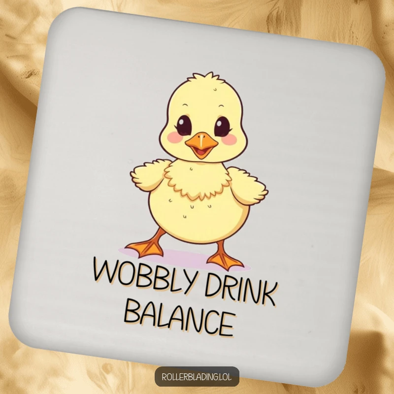 Funny drink coaster with a wobbly duckling walking unsteadily, offering protection with adorable and humorous charm.
