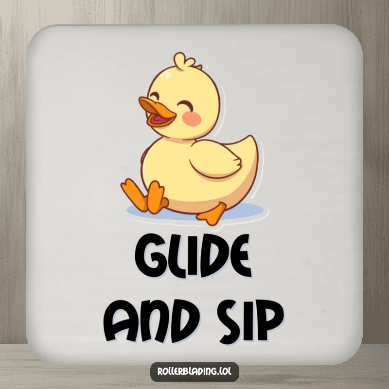 Funny smiling duck rolling on roller skates, a coaster for surfaces, adding humor and style.