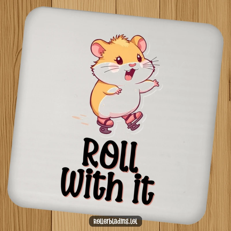 Funny drink coasters with a hamster on tiny skates, zooming forward with delight, providing humorous surface protection.