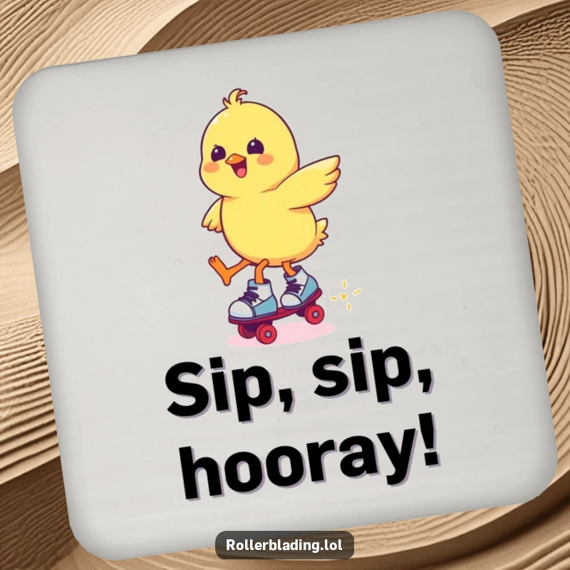 Funny chick on roller skates, mid-jump, coaster for protecting surfaces, adding humor to beverage placement.