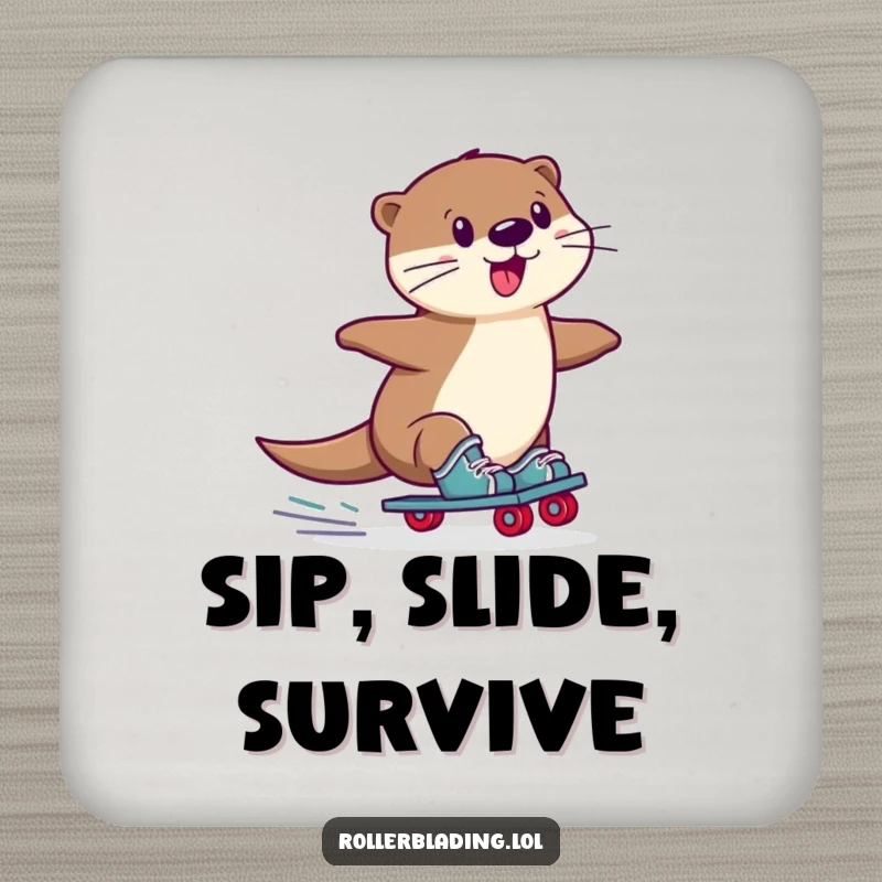 Funny Otter Coaster: A playful otter in a funny, wobbly slide on roller skates, perfect for a humorous and protective drink accessory.