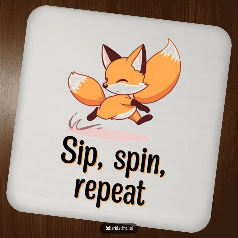 Funny fox coaster showcasing a playful fox executing a speedy crossover turn on roller skates, protecting surfaces with flair.