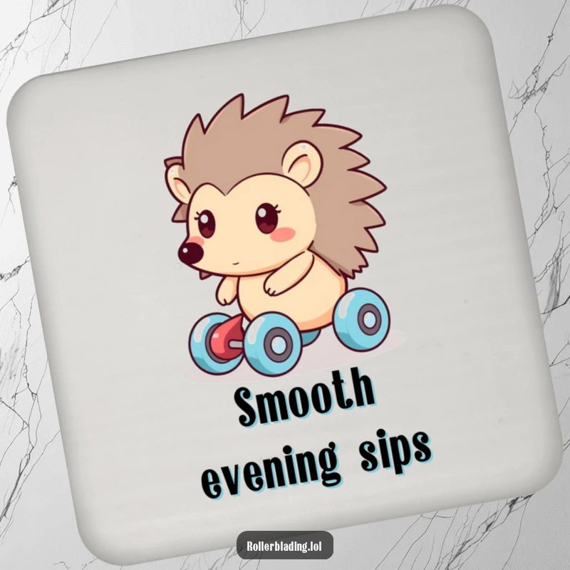 Funny drink coaster with a friendly hedgehog smoothly gliding on roller skates, offering charming surface protection with a humorous touch.