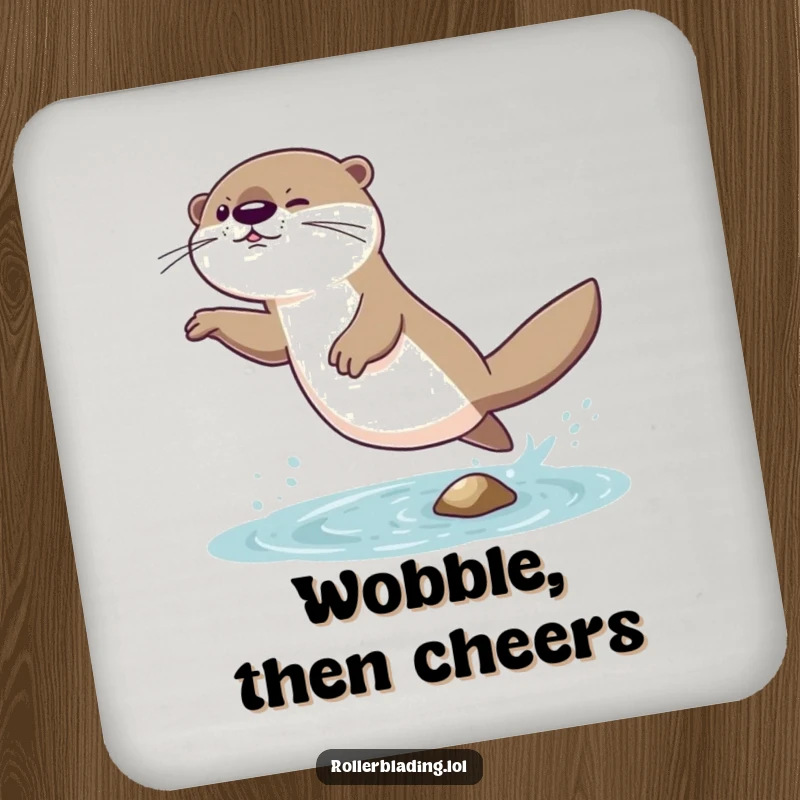 Funny drink coaster with a giggling otter comically attempting a daring jump and landing with a wobble, safeguarding surfaces.