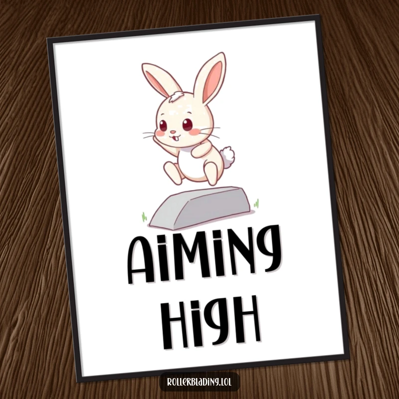 Funny curious bunny poster: A small bunny attempts a jump off a curb, capturing a moment of bravery, curiosity, and gentle effort.