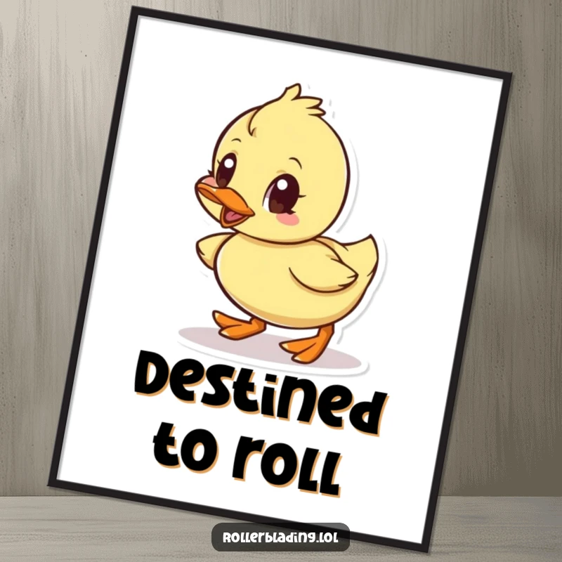 Funny poster art depicting a small duck rolling with immense determination and focused, wide eyes.