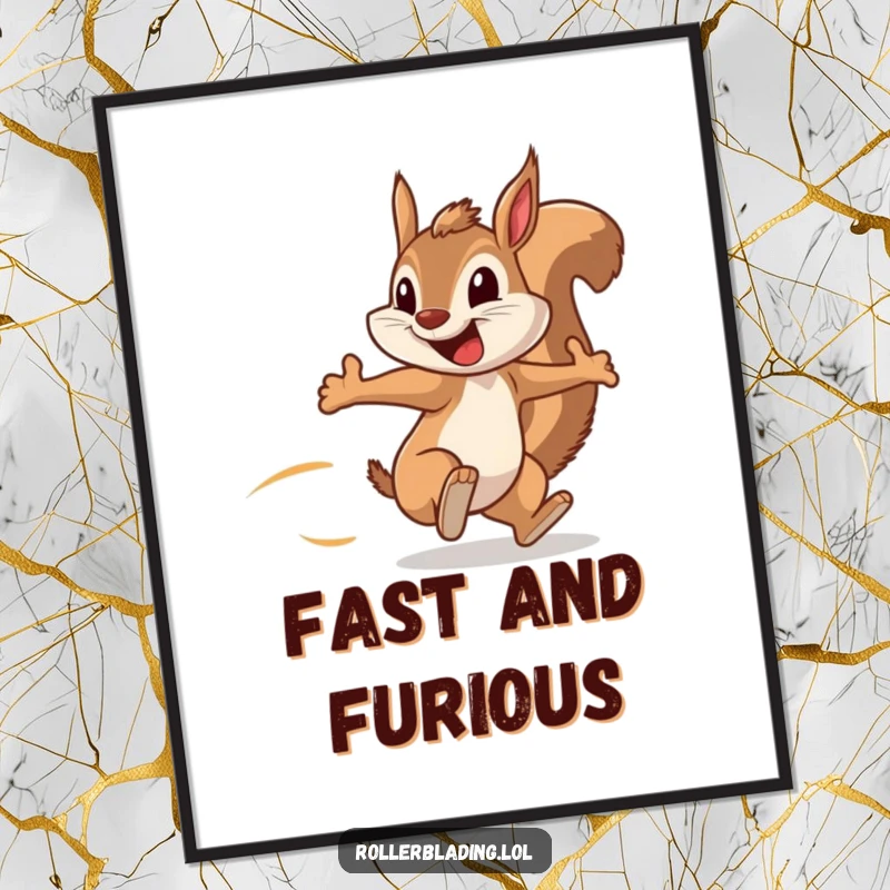 Funny poster depicting a squirrel speeding with arms pumping and a massive grin, conveying hilarious energy and motion.