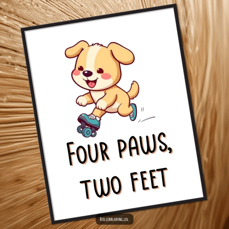 Funny dog poster capturing a smiling dog gracefully gliding on roller skates, bringing a sense of motion and amusement to the wall.
