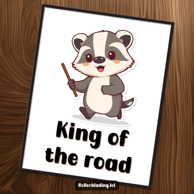 Funny poster art of a proud badger cruising with a stick, adding a touch of humor to any wall.